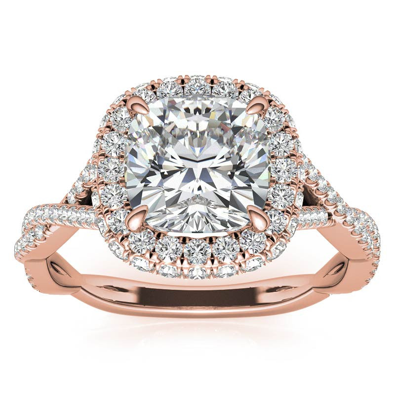Encircled Cushion Halo Twisted Infinity Moissanite Engagement Ring