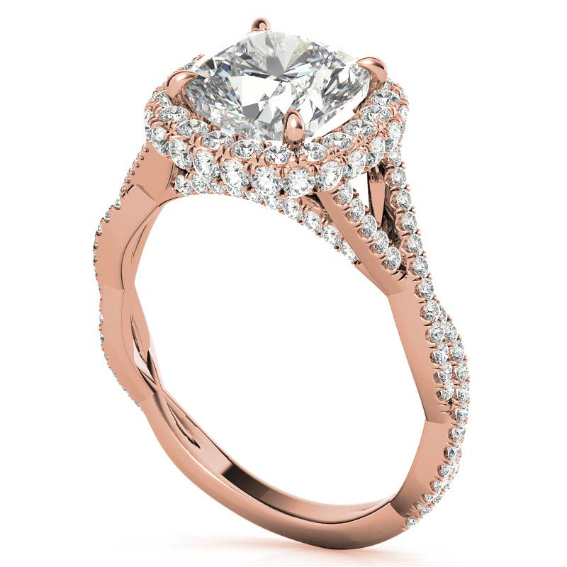 Encircled Cushion Halo Twisted Infinity Moissanite Engagement Ring