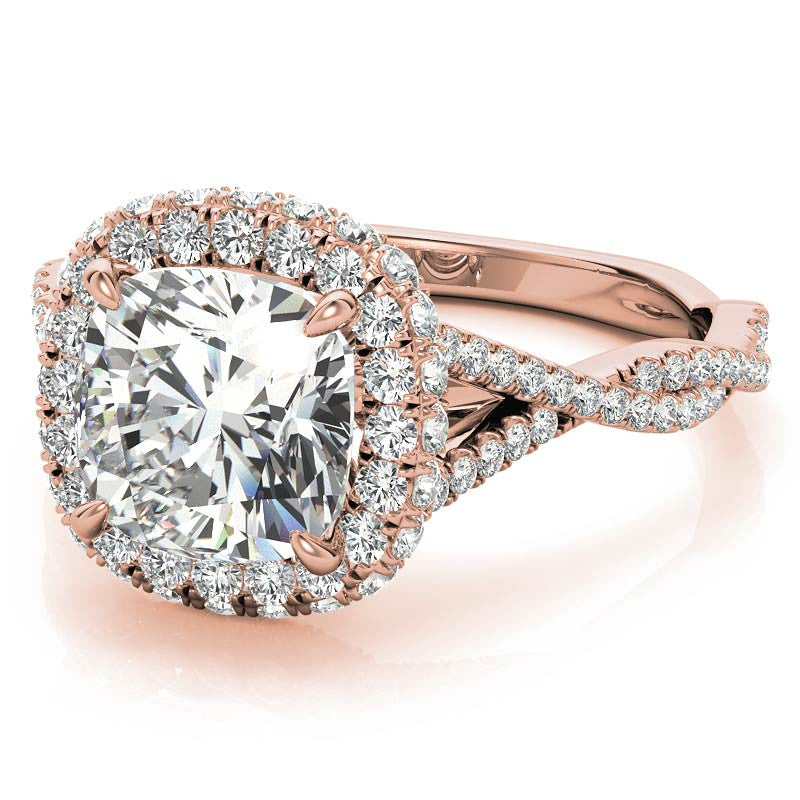 Encircled Cushion Halo Twisted Infinity Moissanite Engagement Ring