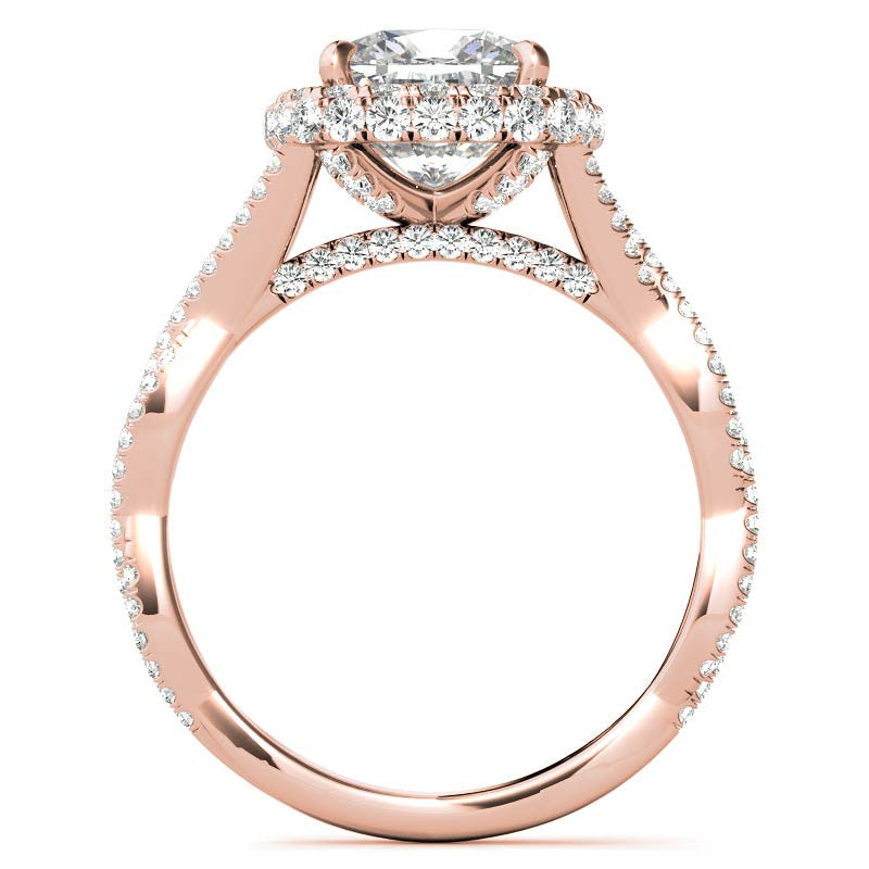Encircled Cushion Halo Twisted Infinity Moissanite Engagement Ring