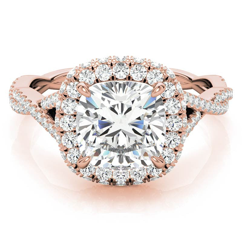 Encircled Cushion Halo Twisted Infinity Moissanite Engagement Ring