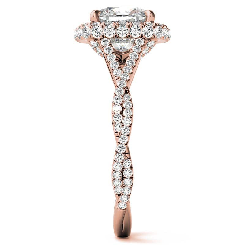 Encircled Cushion Halo Twisted Infinity Moissanite Engagement Ring