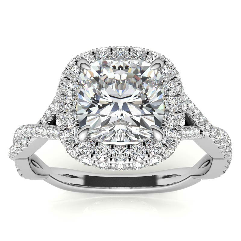 Encircled Cushion Halo Twisted Infinity Moissanite Engagement Ring