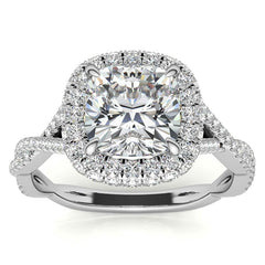 Encircled Cushion Halo Twisted Infinity Moissanite Engagement Ring