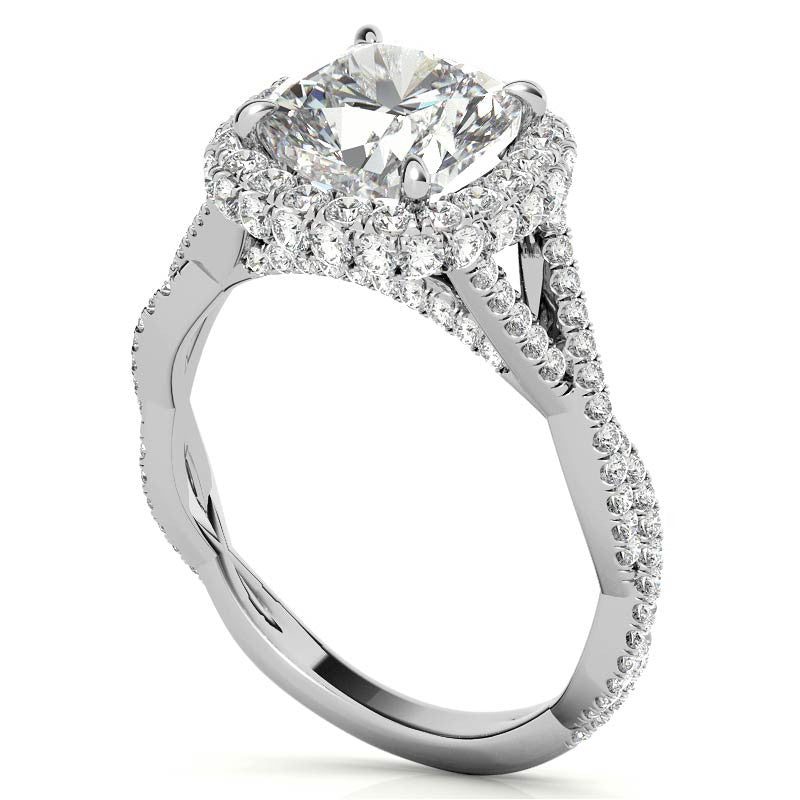 Encircled Cushion Halo Twisted Infinity Moissanite Engagement Ring