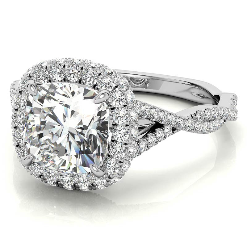 Encircled Cushion Halo Twisted Infinity Moissanite Engagement Ring