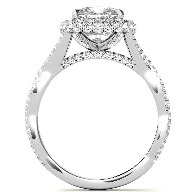 Encircled Cushion Halo Twisted Infinity Moissanite Engagement Ring