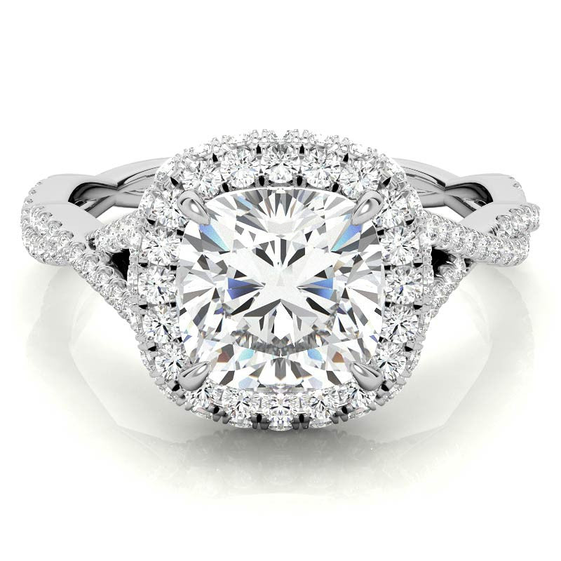 Encircled Cushion Halo Twisted Infinity Moissanite Engagement Ring