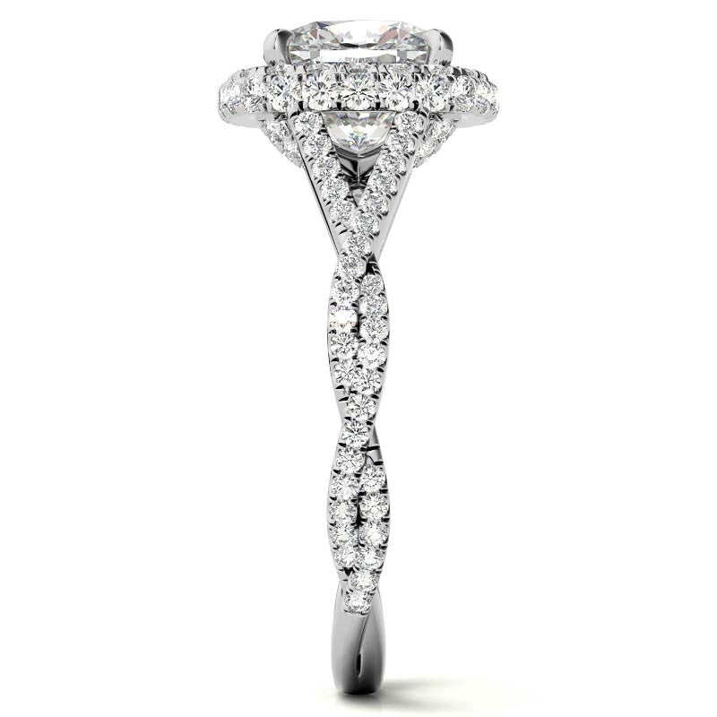 Encircled Cushion Halo Twisted Infinity Moissanite Engagement Ring