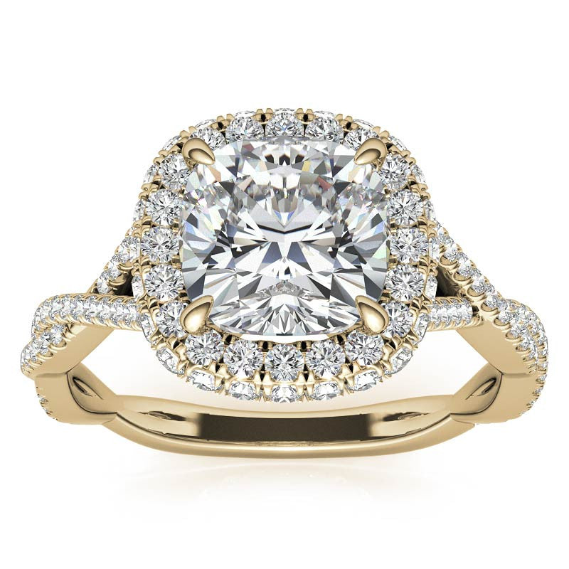 Encircled Cushion Halo Twisted Infinity Moissanite Engagement Ring