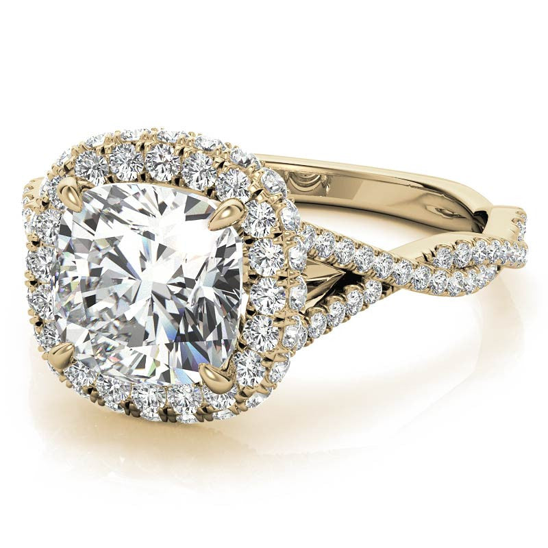 Encircled Cushion Halo Twisted Infinity Moissanite Engagement Ring