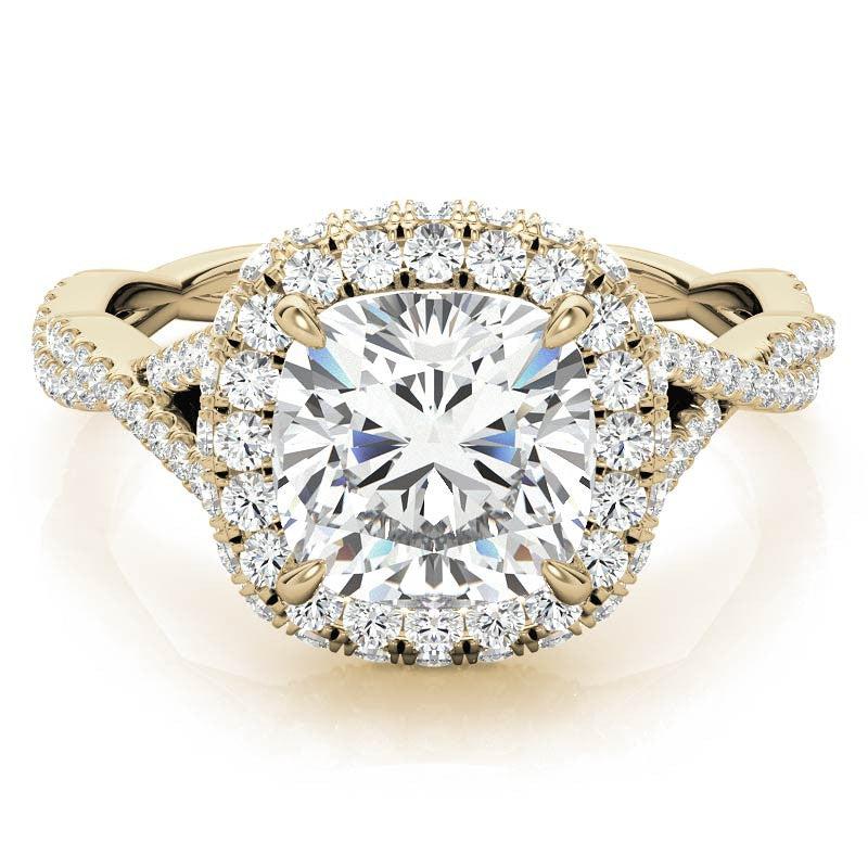 Encircled Cushion Halo Twisted Infinity Moissanite Engagement Ring