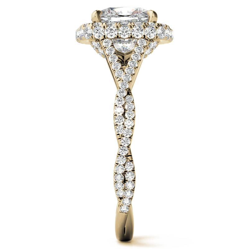 Encircled Cushion Halo Twisted Infinity Moissanite Engagement Ring