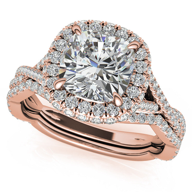 Encircled Cushion Halo Twisted Infinity Moissanite Engagement Ring