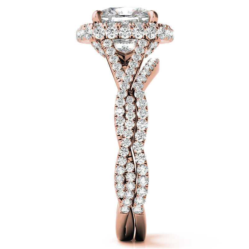 Encircled Cushion Halo Twisted Infinity Moissanite Engagement Ring