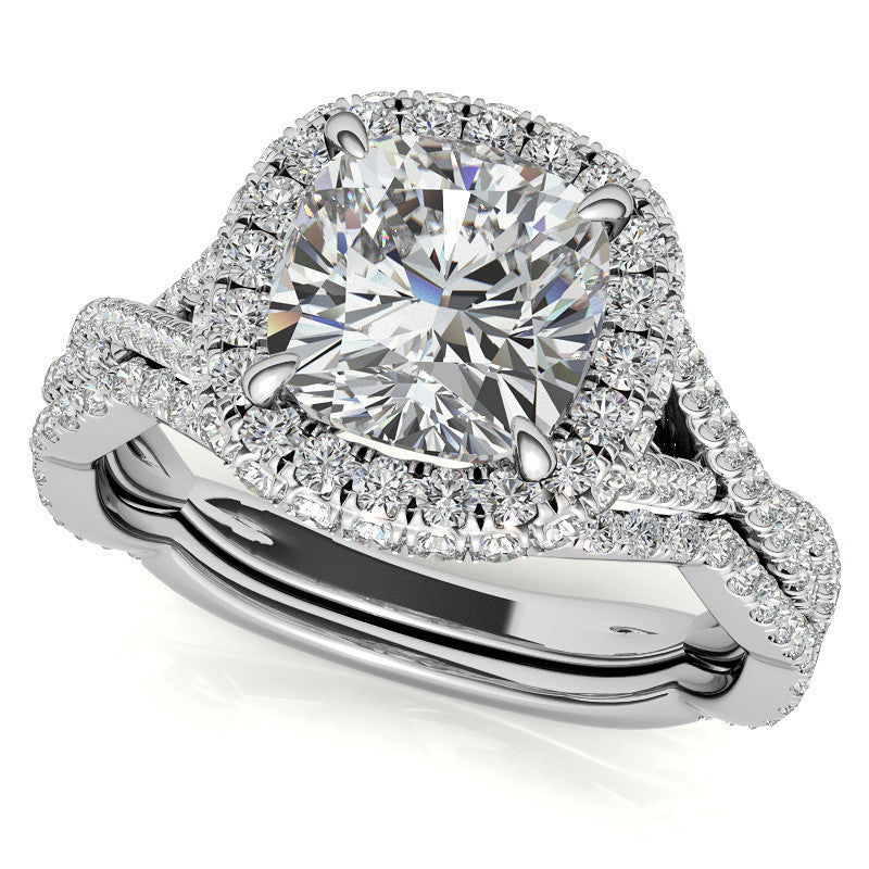 Encircled Cushion Halo Twisted Infinity Moissanite Engagement Ring