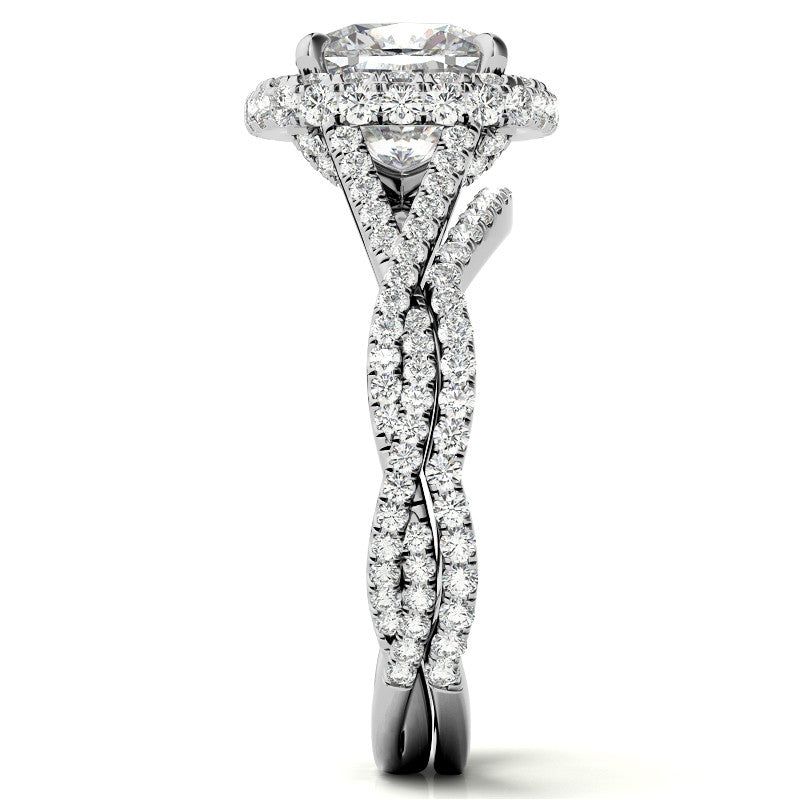Encircled Cushion Halo Twisted Infinity Moissanite Engagement Ring