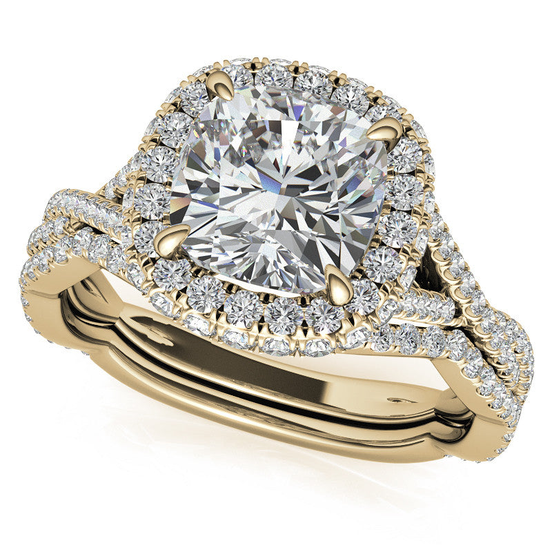 Encircled Cushion Halo Twisted Infinity Moissanite Engagement Ring