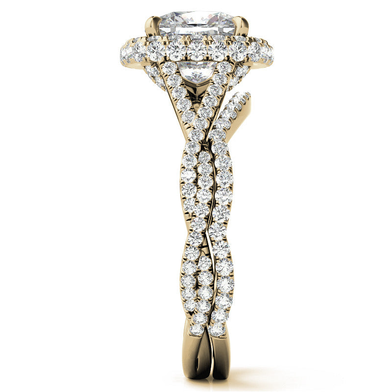 Encircled Cushion Halo Twisted Infinity Moissanite Engagement Ring