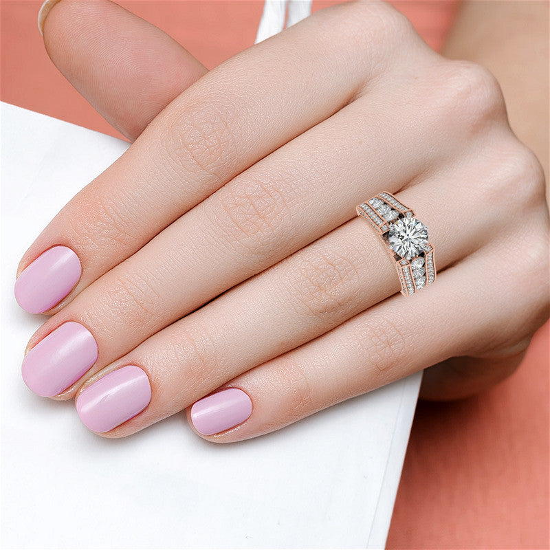 Unique Moissanite Cathedral Engagement Ring with Milgrain Accents
