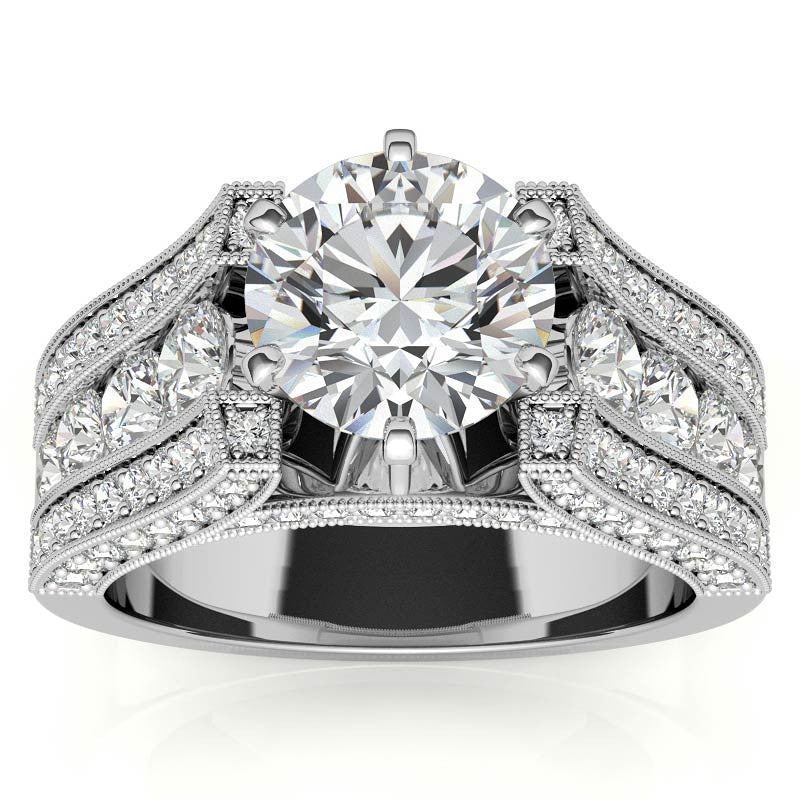 Unique Moissanite Cathedral Engagement Ring with Milgrain Accents