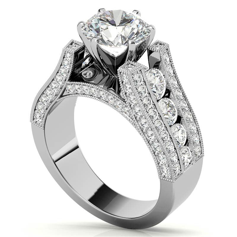 Unique Moissanite Cathedral Engagement Ring with Milgrain Accents