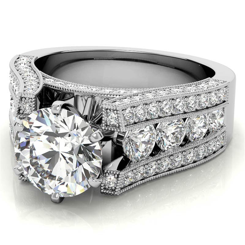 Unique Moissanite Cathedral Engagement Ring with Milgrain Accents