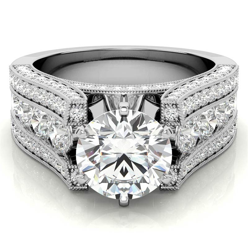 Unique Moissanite Cathedral Engagement Ring with Milgrain Accents