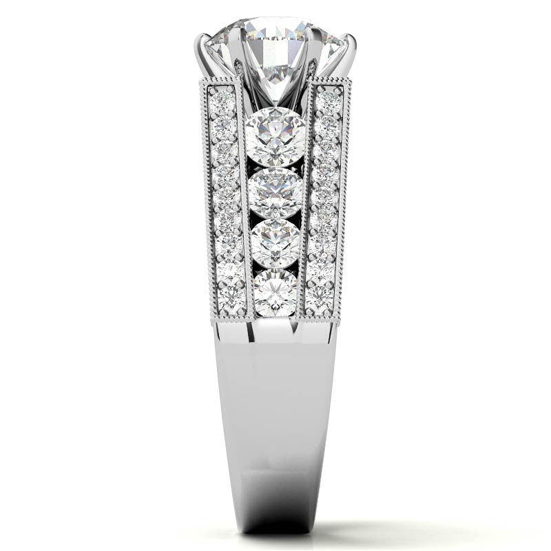 Unique Moissanite Cathedral Engagement Ring with Milgrain Accents