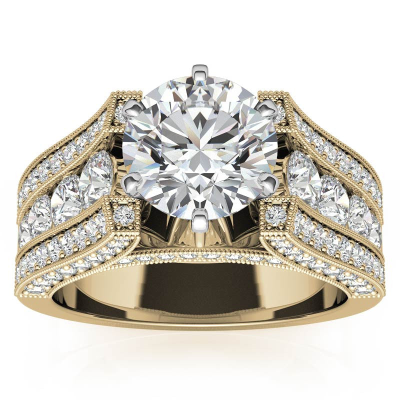 Unique Moissanite Cathedral Engagement Ring with Milgrain Accents