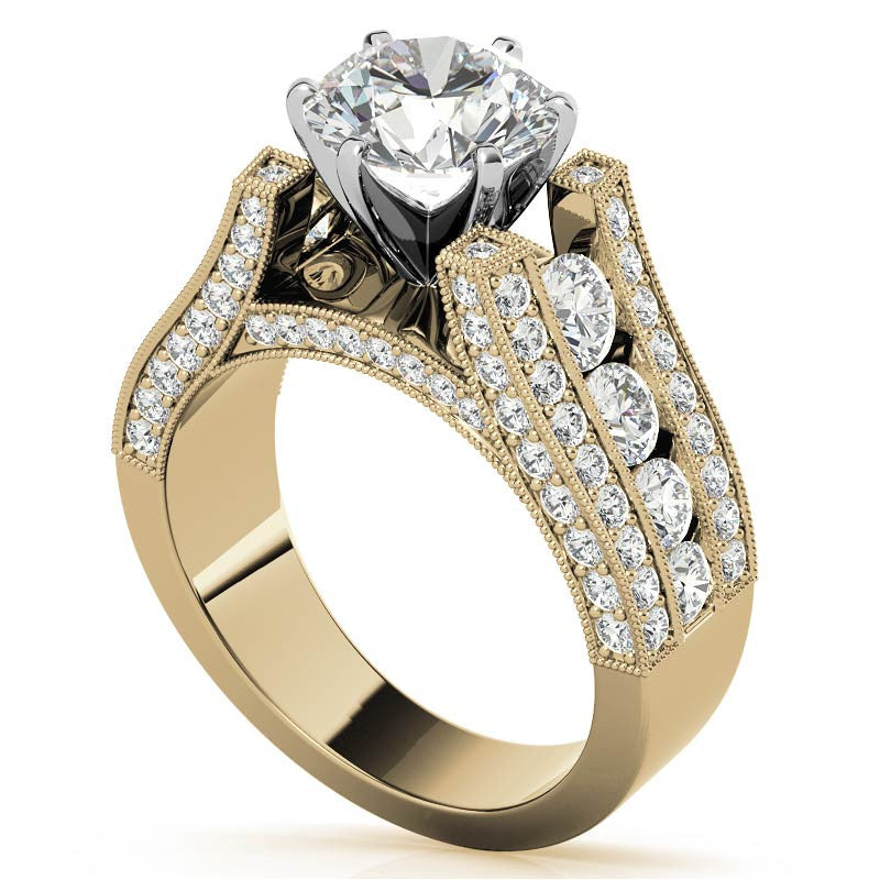 Unique Moissanite Cathedral Engagement Ring with Milgrain Accents