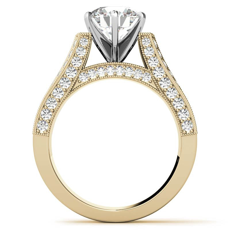 Unique Moissanite Cathedral Engagement Ring with Milgrain Accents