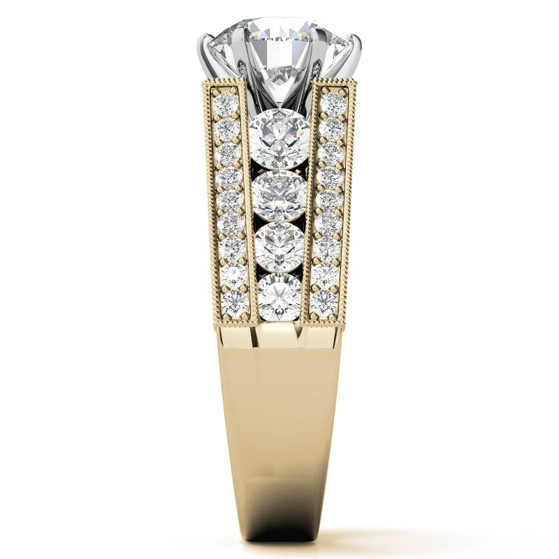 Unique Moissanite Cathedral Engagement Ring with Milgrain Accents