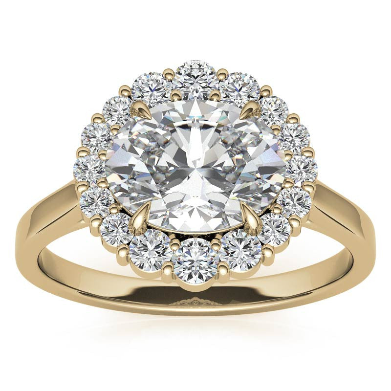 East-West Oval Moissanite Halo Cathedral Engagement Ring