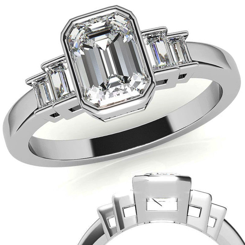 Emerald / Radiant and Baguette Bezel Moissanite Engagement Ring