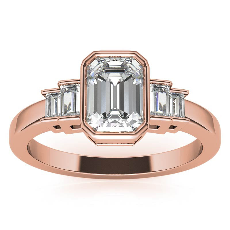 Emerald / Radiant and Baguette Bezel Moissanite Engagement Ring