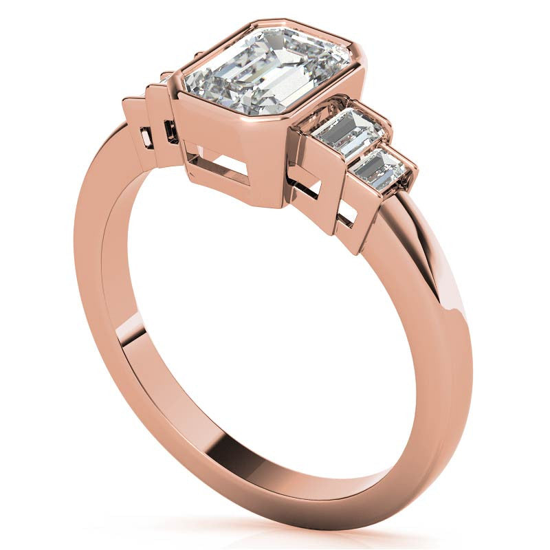 Emerald / Radiant and Baguette Bezel Moissanite Engagement Ring