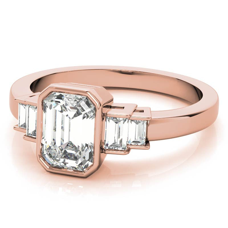 Emerald / Radiant and Baguette Bezel Moissanite Engagement Ring
