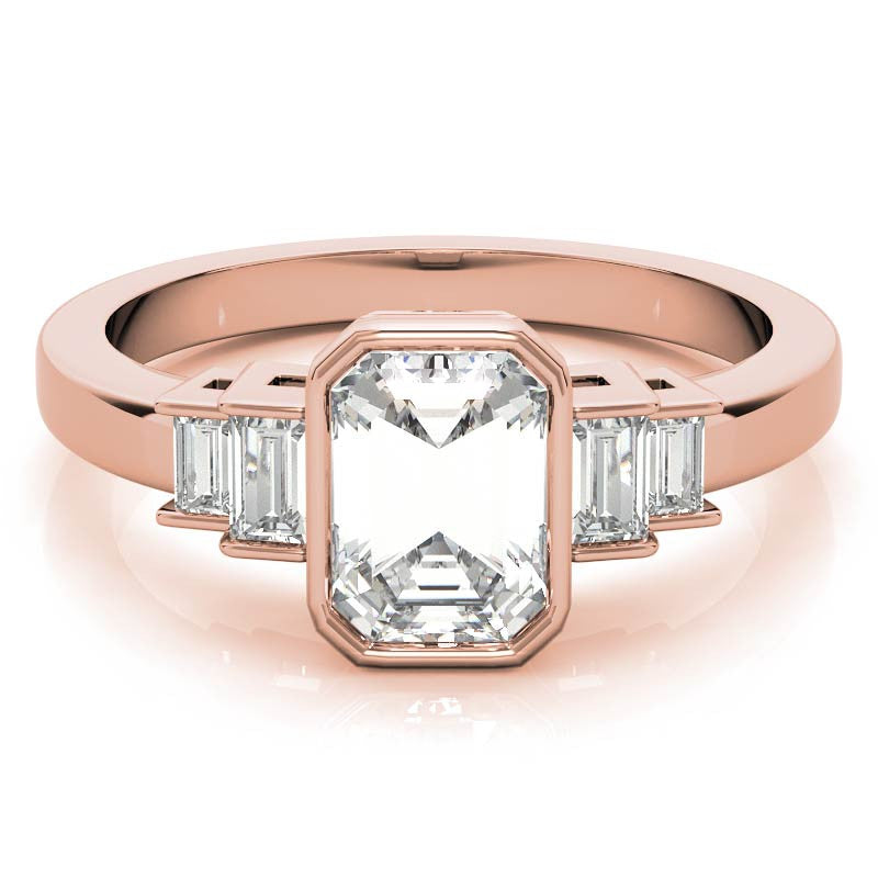 Emerald / Radiant and Baguette Bezel Moissanite Engagement Ring