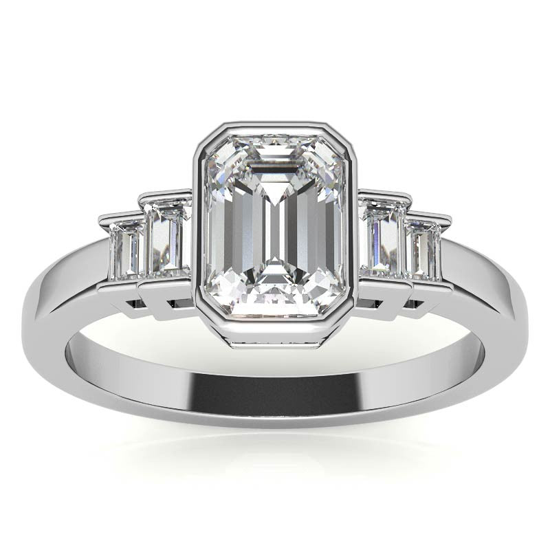 Emerald / Radiant and Baguette Bezel Moissanite Engagement Ring