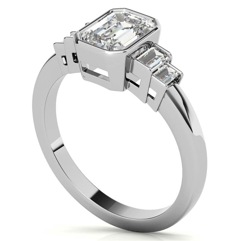 Emerald / Radiant and Baguette Bezel Moissanite Engagement Ring