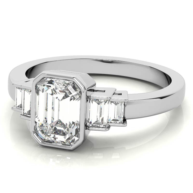 Emerald / Radiant and Baguette Bezel Moissanite Engagement Ring