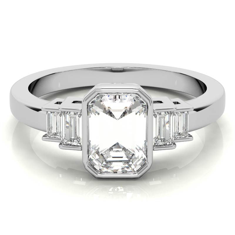 Emerald / Radiant and Baguette Bezel Moissanite Engagement Ring