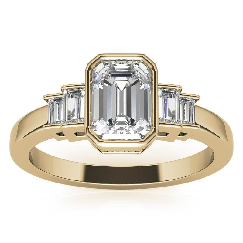 Emerald / Radiant and Baguette Bezel Moissanite Engagement Ring
