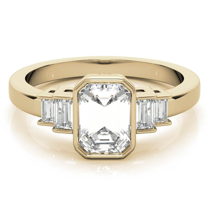 Emerald / Radiant and Baguette Bezel Moissanite Engagement Ring