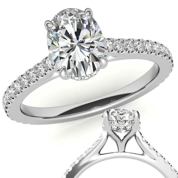 Oval Cathedral Moissanite Engagement Ring with Hidden Halo