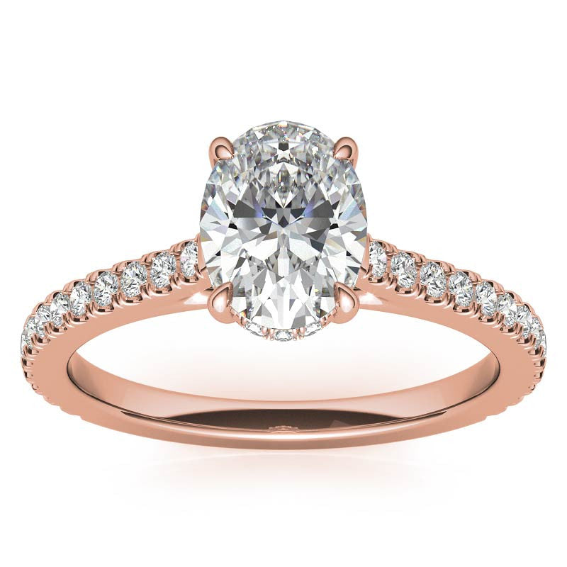 Oval Cathedral Moissanite Engagement Ring with Hidden Halo
