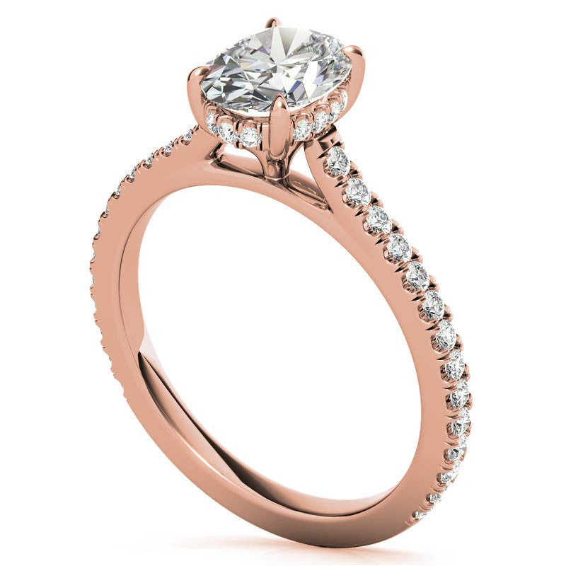 Oval Cathedral Moissanite Engagement Ring with Hidden Halo