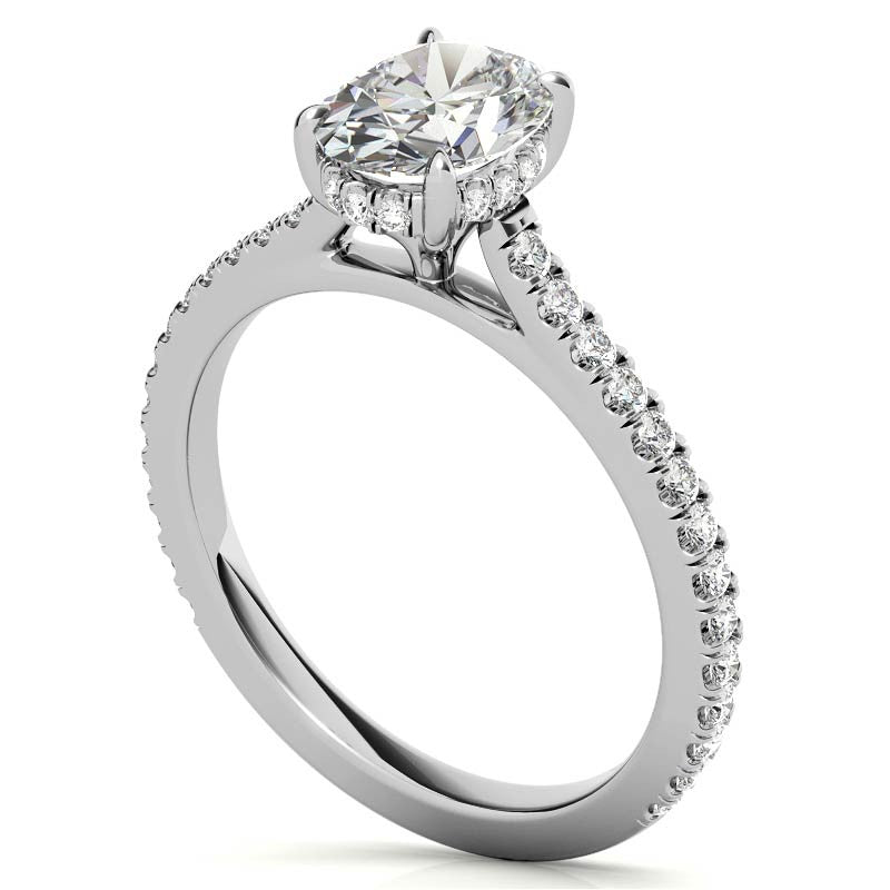 Oval Cathedral Moissanite Engagement Ring with Hidden Halo