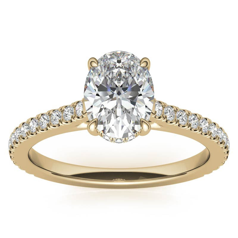 Oval Cathedral Moissanite Engagement Ring with Hidden Halo